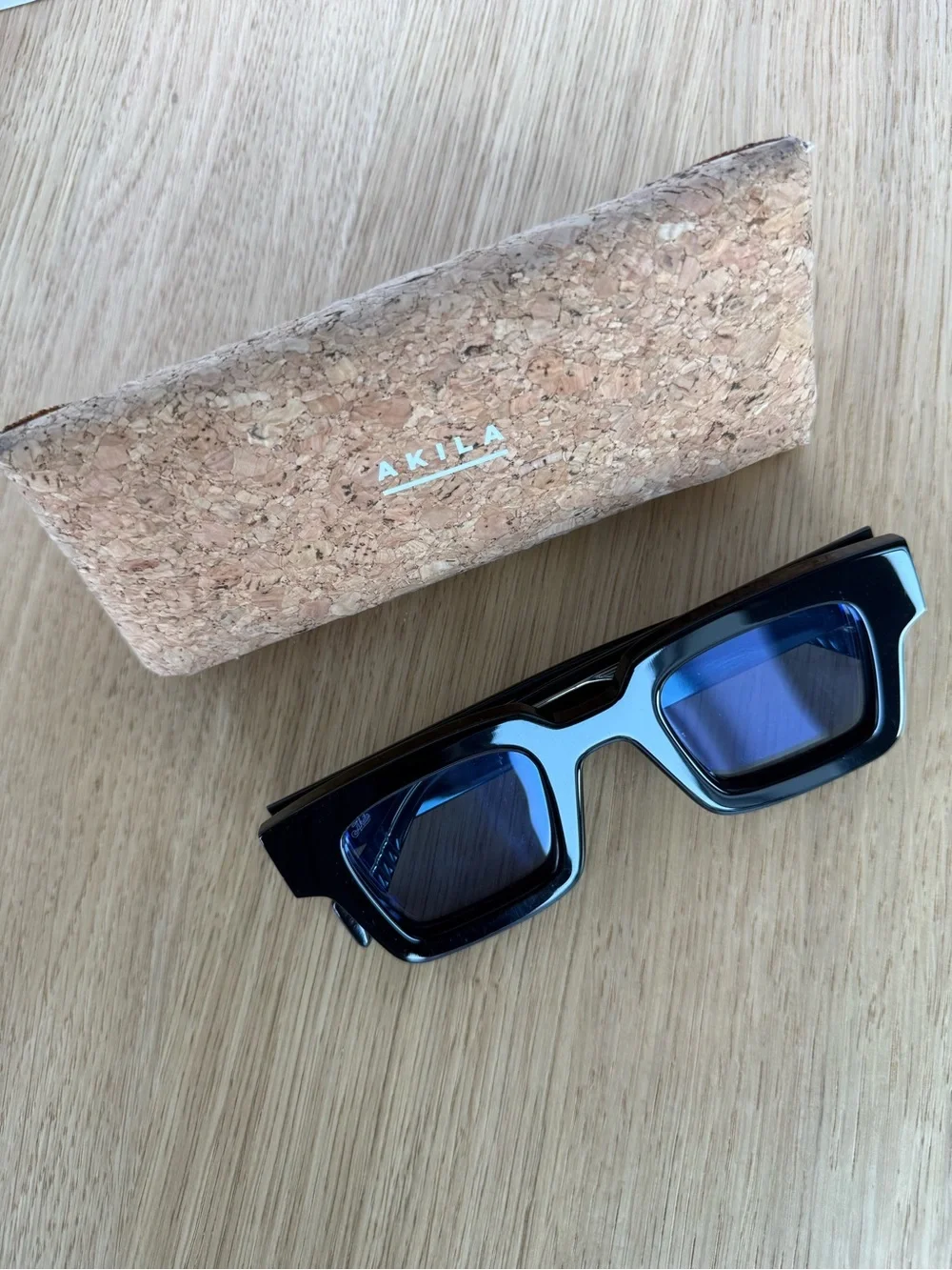 AKILA SSENSE Exclusive Square Sunglasses Black / Sky Blue New w/ Cork Case